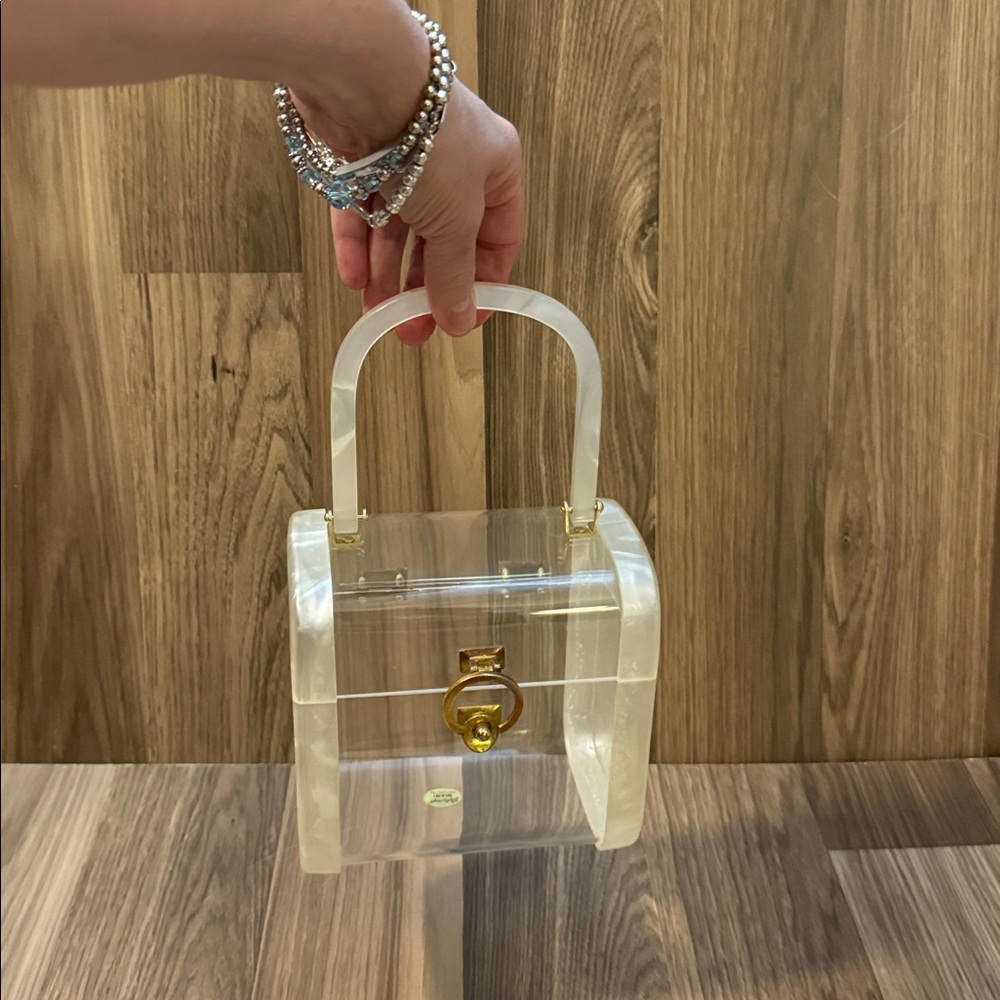 Vintage Lucite Pearlized Unique Top Handle Boxy Chic Handbag Hong Kong 6”x6”